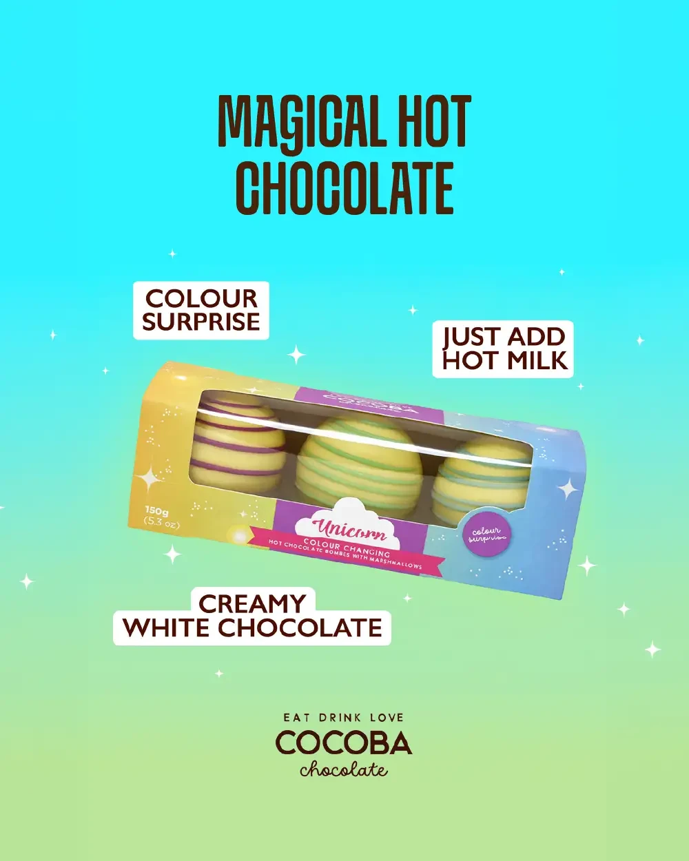 Static ad for Cocoba magical hot chocolate
