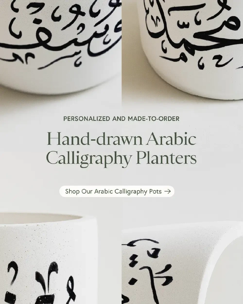Static ad for hand-drawn Arabic calligraphy planters