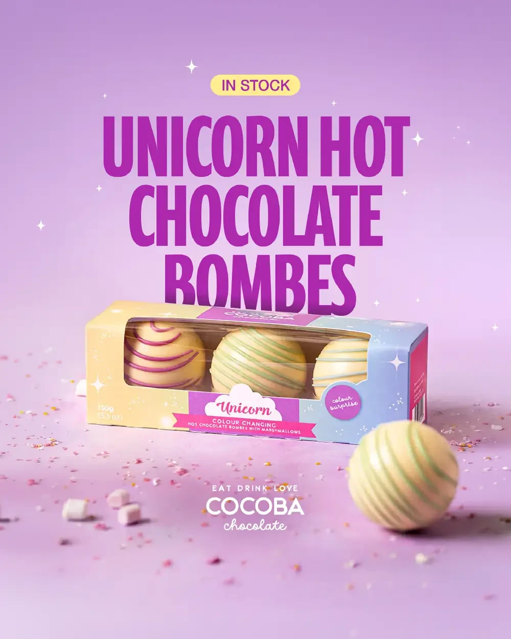Static ad for Cocoba unicorn hot chocolate bombes