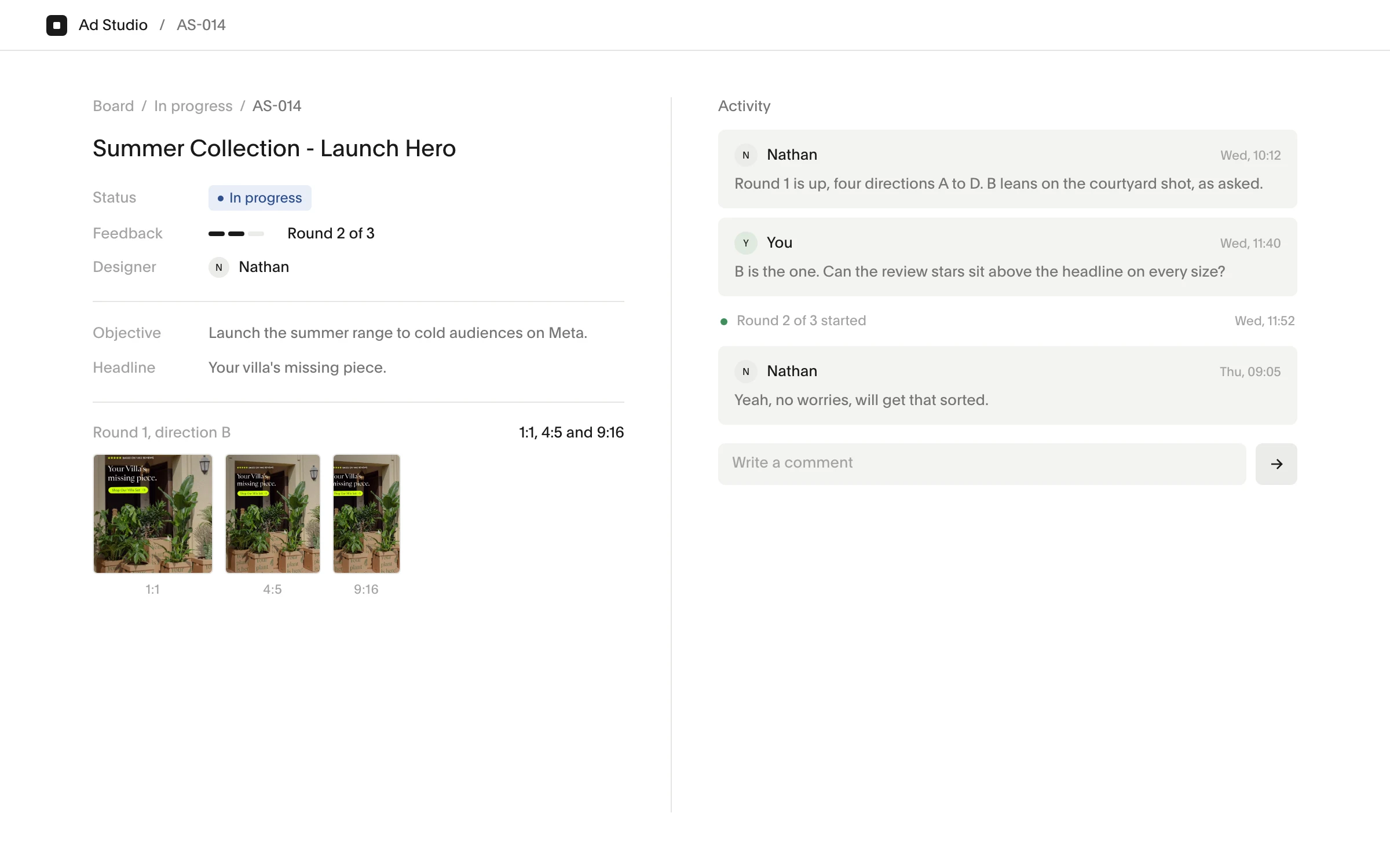 A brief opened in the workspace, with its status, the round one formats and the feedback thread